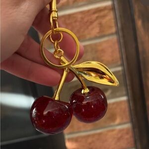 Deep Red Glitter Cherry Bag Charm Keychain Gold Tone Leaf Purse Accessory